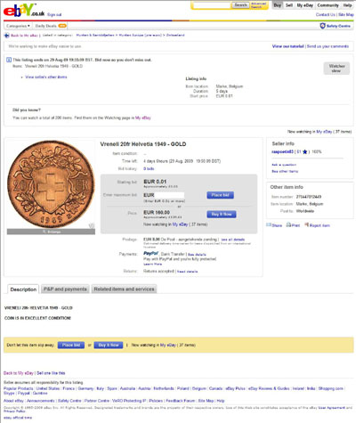 raspoetin83 eBay Listing Using our 1949 Swiis Gold Twenty Francs (Vreneli) Photograph